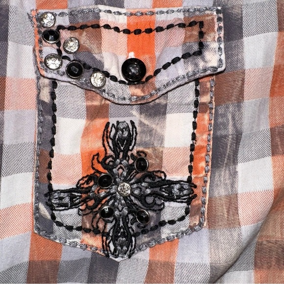 Roar Orange Faded Plaid Embellished Embroidered Button Front 3/4 Sleeve Top XL - Picture 6 of 13
